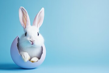 Obraz premium Happy Easter Sunday background, A white rabbit curiously peeking from behind an Easter egg-shaped hole in a solid blue lavender background, with only its ears and tiny paws visible
