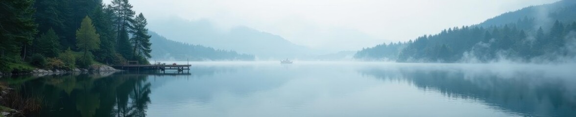 Fototapeta premium Foggy lake vista framed by pines, distant docks, travel, blue