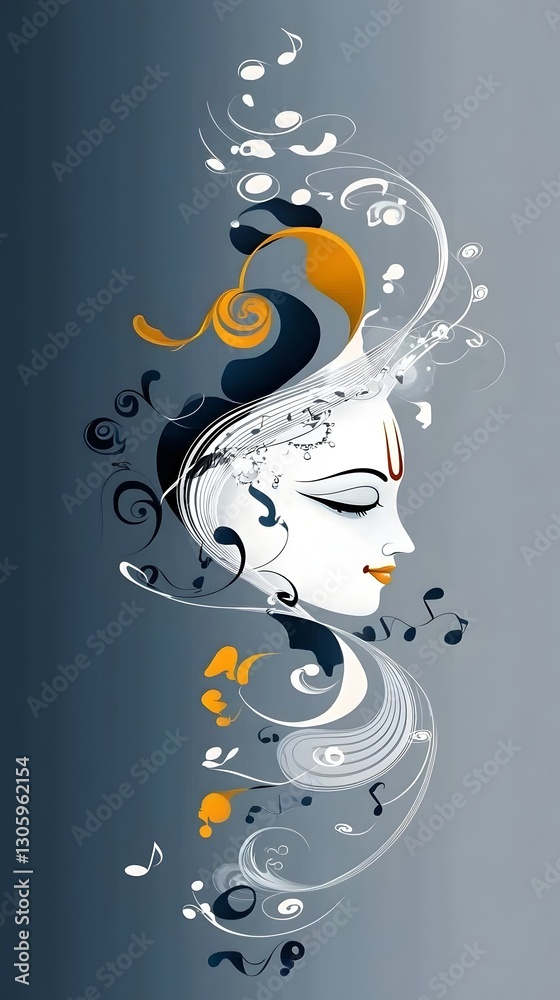 Aufkleber Captivating abstract digital depicting a mystical ethereal representation of the Hindu deity Krishna s face blending seamlessly with swirling celestial music waves