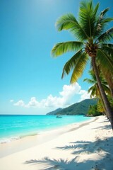 Fototapeta premium Serene tropical beach scene with palm trees casting shadows on pristine white sand, turquoise water, and a small boat gently gliding on the horizon under a brilliant sunny sky.