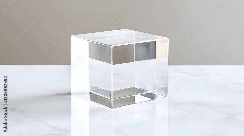 Poster clear minimalist acrylic cube displayed on a sleek white marble surface this modern high end product