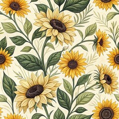 Seamless Sunflower Floral Pattern Bright Digital Art with Vibrant Aesthetic View