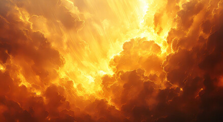 Heavenly golden rays shining through billowing clouds in a dramatic sky