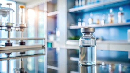 A close-up shot of a vaccine vial with a label indicating Respiratory Syncytial Virus (RSV) prevention on the shelf in a medical facility, lab equipment, medical facilities