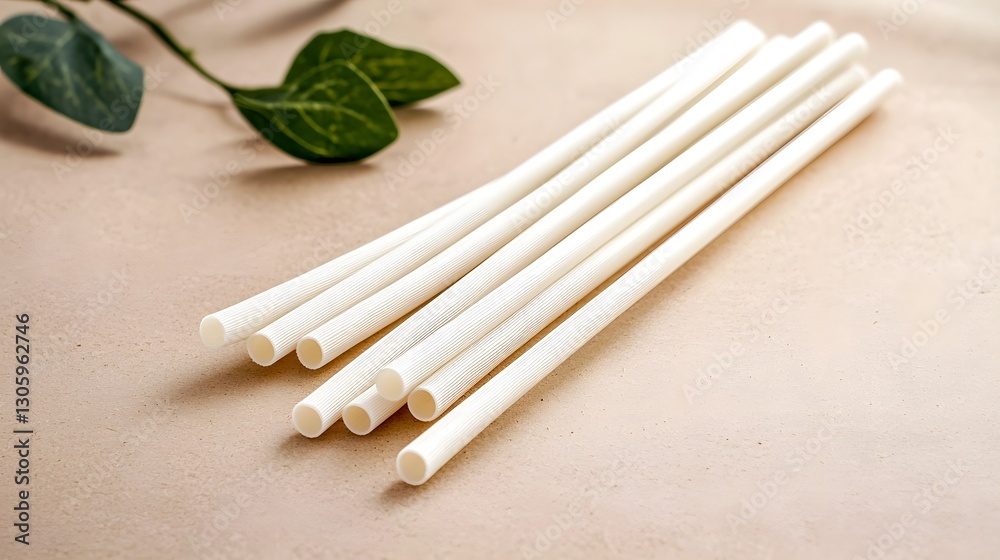 Poster close up of a photo of a biodegradable pla straw with a soft natural texture displayed on an eco fri