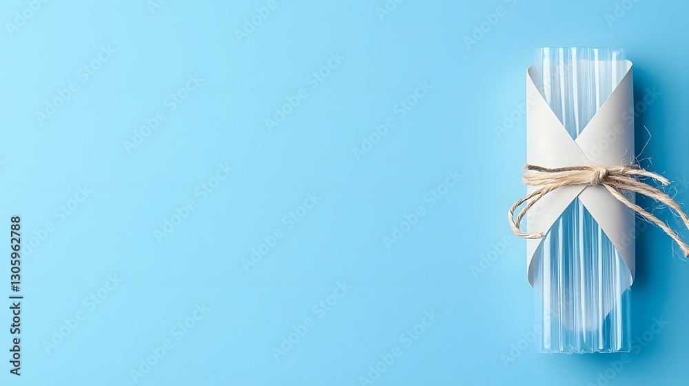 Poster Close up of a transparent plastic straw sealed in a minimalist wrapper isolated on a clean blue background  The simple