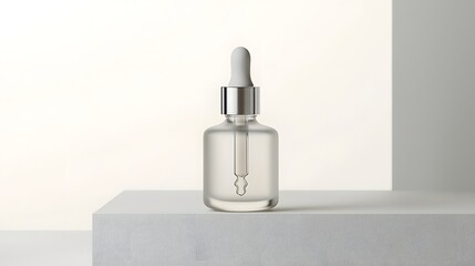 Close up of a frosted glass serum bottle with a smooth dropper and a matte silver top  The transparent container holds a natural organic liquid product suitable for cosmetic