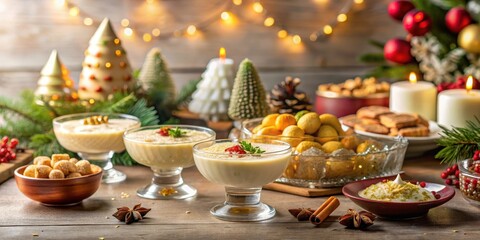 Naklejka premium Dessert Table Setup with Kheer Garnish, holiday decoration, sweet treats, holiday decoration, sweet treats