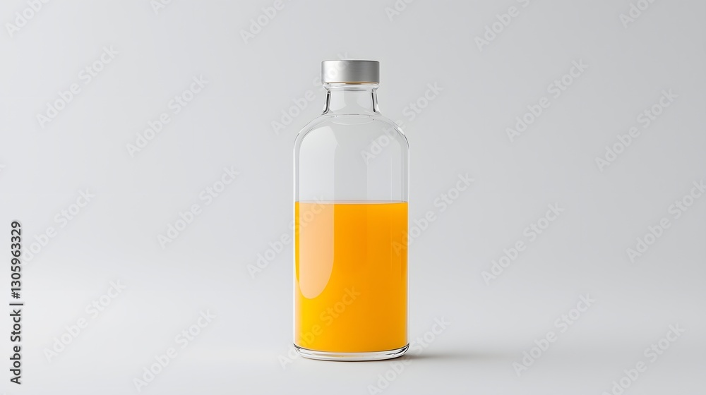 Poster closeup of a minimalist glass juice bottle with a matte finish and a clean silver cap featuring an o