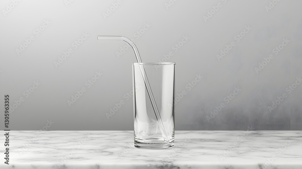 Poster closeup of a transparent glass drinking straw with a sleek curved design placed on a smooth gray mar