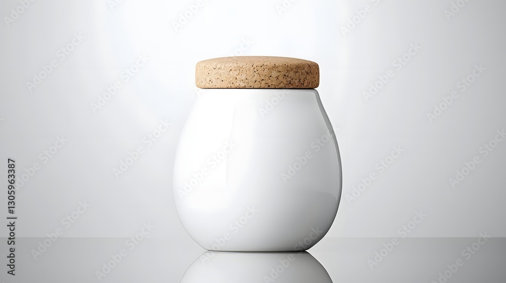 Aufkleber closeup of a white ceramic jar with a natural cork lid displayed on a reflective surface in a minima