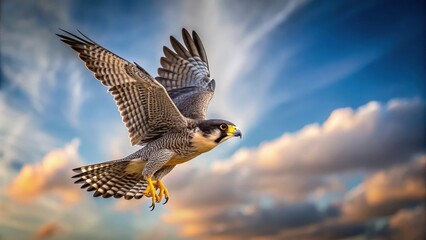 A peregrine falcon's sharp silhouette is visible against a blurred sky as it dives towards its prey in a swift, aerodynamic motion , flight, bird of prey