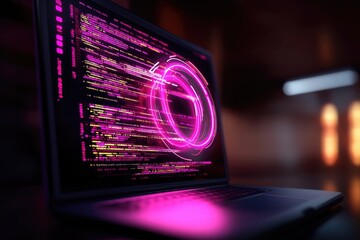 Vibrant Neon Code Display on Laptop Screen Illuminating Cybersecurity Concepts