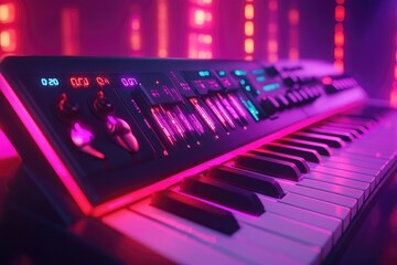 Futuristic Neon-Illuminated Synthesizer in a Vibrant Music Studio