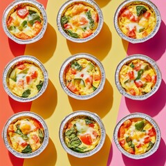 Mini egg casseroles with vegetables and cheese in foil containers, arranged in a geometric pattern, colorful background. Ideal for food blogs, meal prep concepts, restaurant menus, or modern culinary 