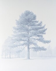 Fototapeta premium Solitary pine tree in snowy landscape; winter scene