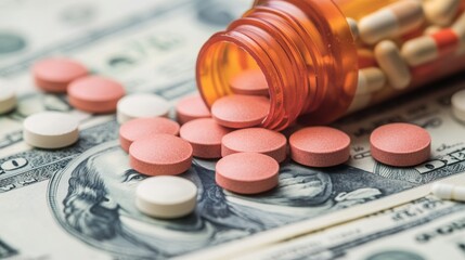 Understanding the costs of pharmaceutical care through medications and bills on a dollar background