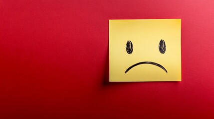 Yellow sticky note with drawn sad unhappy emoji face on red background,

