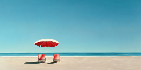 Escape to Paradise: Sun-kissed serenity with a vibrant red beach umbrella and striped chairs on a pristine sandy shore, inviting relaxation under the vast blue sky.