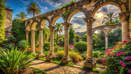 Fototapeta premium Ancient Roman ruins and Mediterranean vegetation in a lush garden with a tranquil atmosphere, stone columns and arches, and exotic flowers, Arches, Exotic Flowers