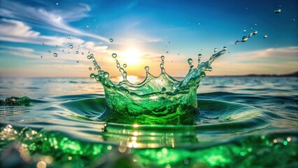 Sparkling green liquid splash in a shallow pool, ocean waves