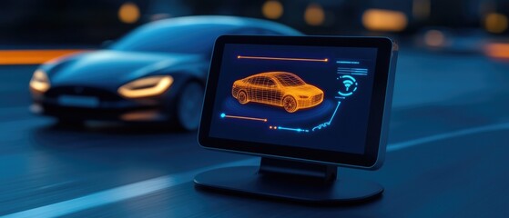 Futuristic Car Dashboard with Digital Interface and Electric Vehicle on Highway