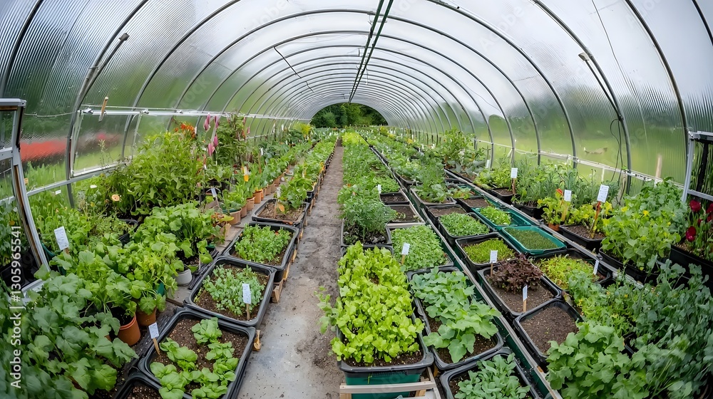Aufkleber Expansive panoramic view capturing the curved structure of a greenhouse tunnel filled with a lush and thriving assortment of fresh healthy crops and vegetation