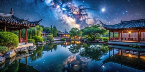 Fototapeta premium A serene and tranquil traditional Chinese garden at night with a moonlit pond reflecting the starry sky above, garden at night, pond reflection