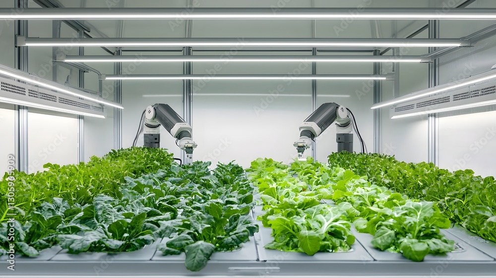 Poster Futuristic smart greenhouse with robotic arms automatically inspecting and monitoring rows of lush leafy vegetables growing under energy efficient LED grow lights