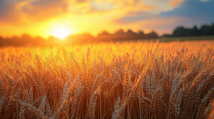 Golden Sunset Over Wheat Field: The sun dips below the horizon, casting a golden glow over a vast wheat field. Wheat stalks sway gently in the breeze, as if whispering secrets to the setting sun.