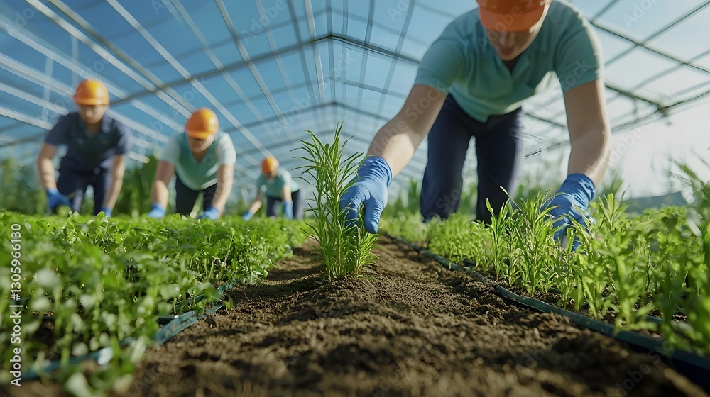 Poster greenhouse workers diligently caring for a diverse array of lush indoor plants and vegetation showca