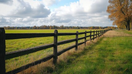 Fototapeta premium A charming wooden fence along a rural field, with text space in the upper right corner, evoking the essence of farm life