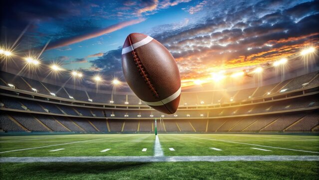 A American Football on grass with a ball flying through the air after being kicked by an invisible force, sport, football