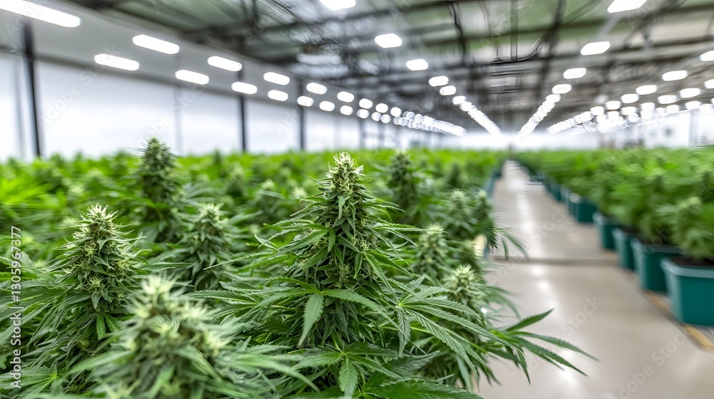 Poster lush cannabis plants thriving in highly controlled greenhouse with regulated humidity and advanced l