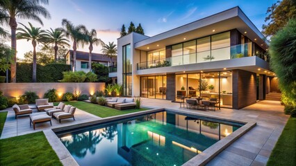 Obraz premium Modern luxury home with sprawling backyard and sparkling pool surrounded by lush greenery in LA's exclusive neighborhood, Los Angeles Architecture, California Dream Homes