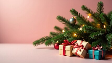 Festive Season Presents Nestled Amongst Illuminated Evergreen Branches on a Pastel Pink Background