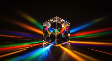 Prism's Colorful Spectrum: A glass prism refracts light, displaying a vibrant spectrum of colors against a dark backdrop, showcasing the science of light and optics.