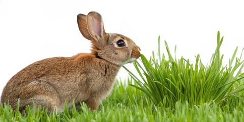 Fototapeta premium Spring Rabbit Photo: Brown Bunny, One Ear Down, Green Grass, Sniffing - Wildlife Photography