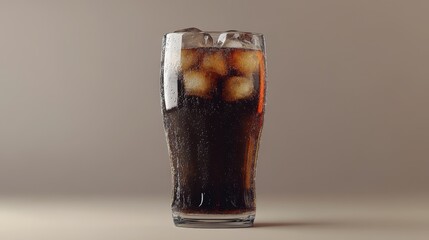 Glass of cola with ice cubes, condensation visible. Perfect for refreshment, beverage, or summer themes.