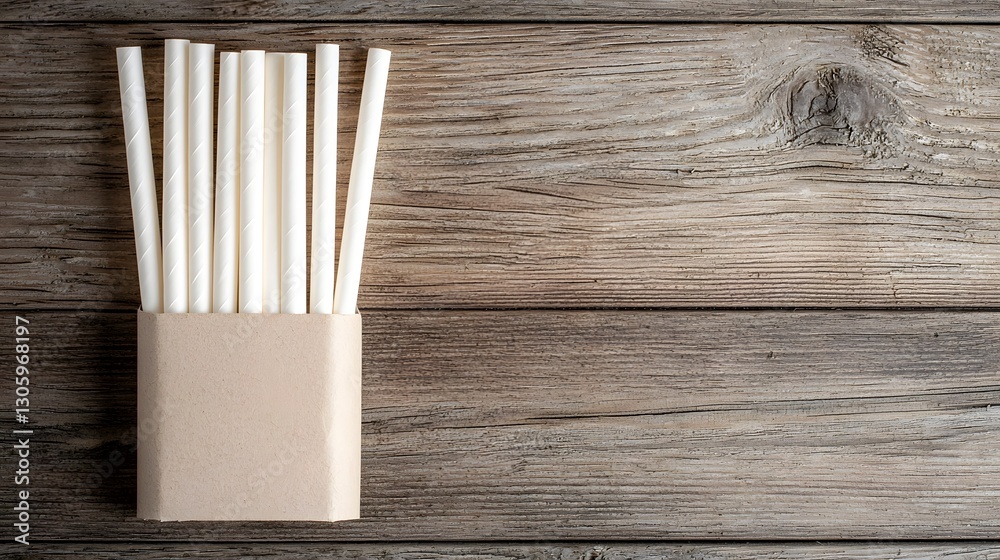 Poster matte white paper straw lying flat inside a simple unbranded paper sleeve on a rustic wooden surface