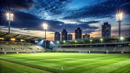 Cityscape at night with empty stadium illuminated by floodlights, deserted field