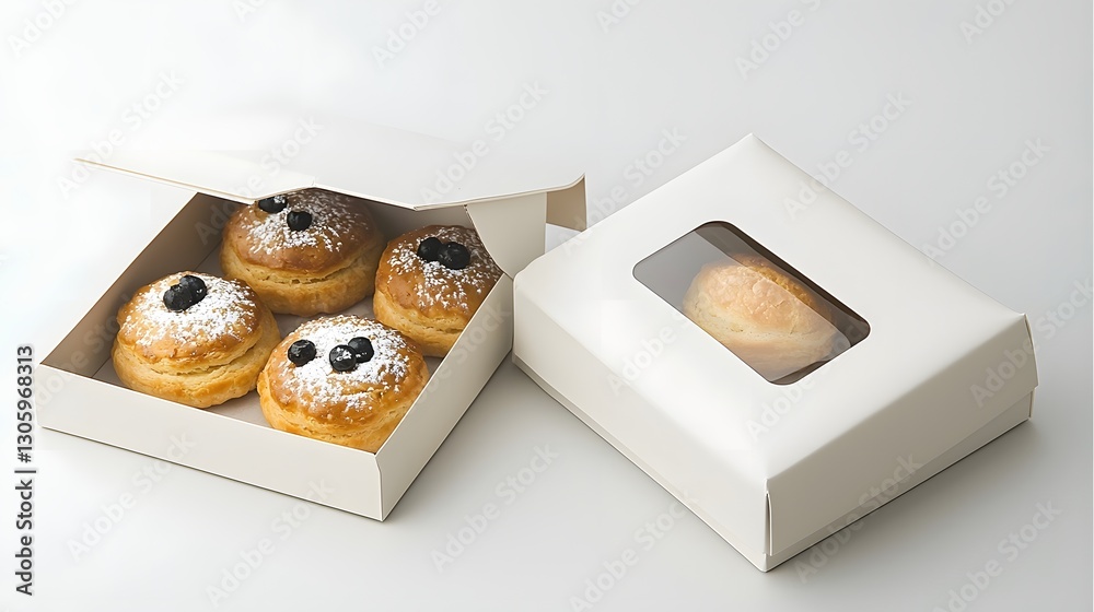 Poster matte white pastry box with foldable design and window cutout a clean and unbranded packaging soluti