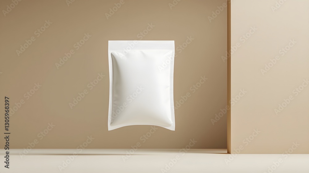 Aufkleber matte white pillow pouch with sealed edges floating on a neutral background simple and minimalist pr