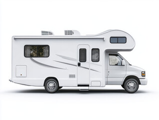 RV Adventure Ready: A pristine white recreational vehicle, perfectly positioned, beckons with promises of open road escapades and unforgettable journeys.