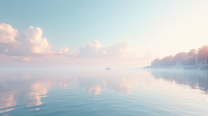 Fototapeta premium Serene Waters Reflecting a Pastel Dawn Sky, Misty Shoreline with Silhouetted Trees
