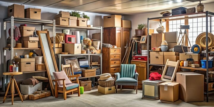 A cluttered storage unit packed tightly with various household items such as old furniture, boxes, and trinkets, revealing a glimpse into its occupant's life, attic, organization
