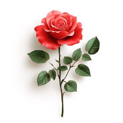 Obraz premium Single red rose, stem, leaves, white background; romantic, greeting card
