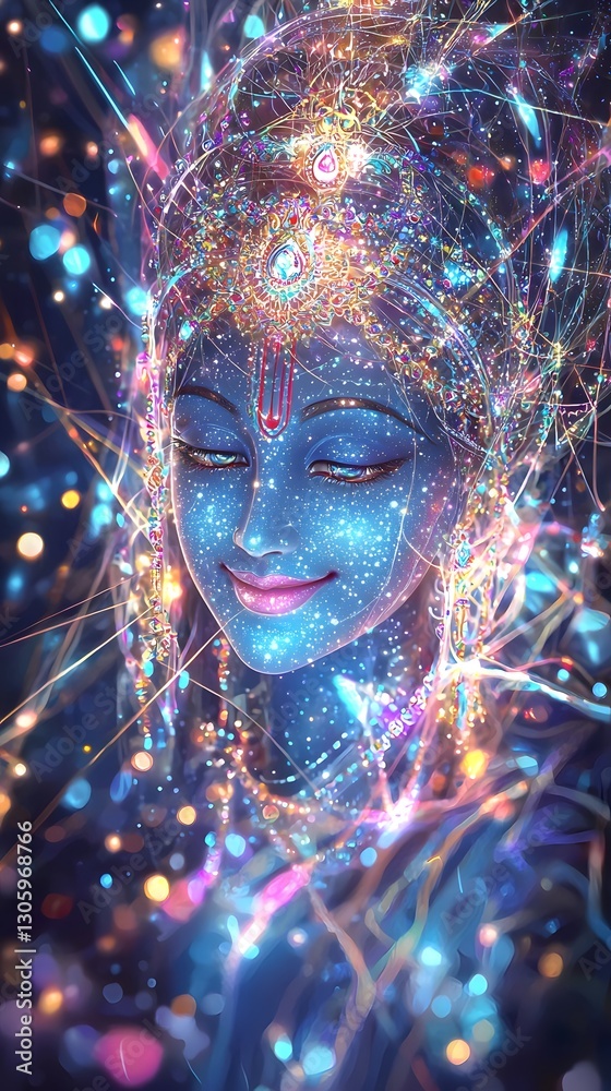 Poster Mesmerizing Deity s Enchanting Smile with Shimmering Celestial Glow   A Captivating Digital Depicting the Alluring and Transcendent Essence of a Divine Mythological Figure