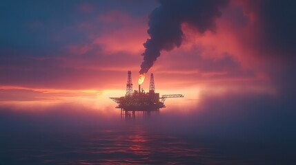 Offshore oil rig at sunset, shrouded in fog, emitting smoke. Illustrates energy production, environmental impact, and industrial themes.