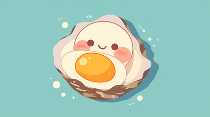 Cute cartoon egg character smiling in a shell on a pastel blue background, perfect for children's content